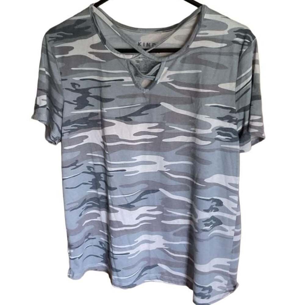 Kind Karma Camouflage V-Neck Criss-Cross Neckline Short Sleeve Top